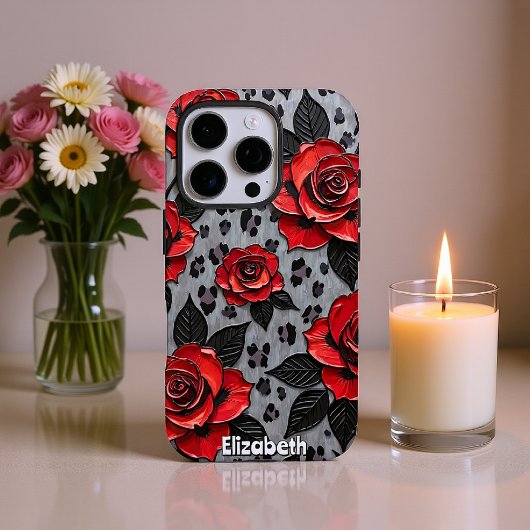 Coque iPhone 16 Pro Roses rouges dynamiques sur toile texturée