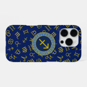 Coque iPhone 16 Pro Sagittaire Zodiac+Astrologie Symboles Ptn Gld+Blue (Verso Horizontal)