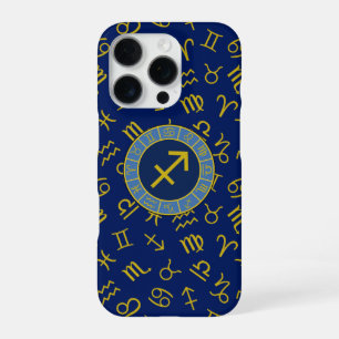 Coque iPhone 16 Pro Sagittaire Zodiac+Astrologie Symboles Ptn Gld+Blue
