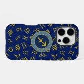 Coque iPhone 16 Pro Sagittaire Zodiac+Astrologie Symboles Ptn Gld+Blue (Verso Horizontal)