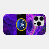 COQUE iPhone 16 PRO SAPHIR BLEU DE PHOTON FOU PIERRE GEMME MONOGRAMME (Verso Horizontal)