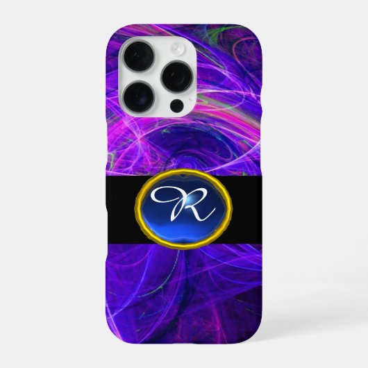 COQUE iPhone 16 PRO SAPHIR BLEU DE PHOTON FOU PIERRE GEMME MONOGRAMME (Verso)