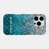 Coque iPhone 16 Pro Sirène personnalisée Teal Silver Sparkle (Verso Horizontal)