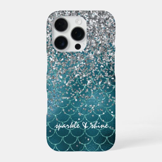 Coque iPhone 16 Pro Sirène personnalisée Teal Silver Sparkle (Verso)