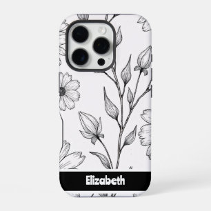 Coque iPhone 16 Pro Smartphone Black White Floral Line Art