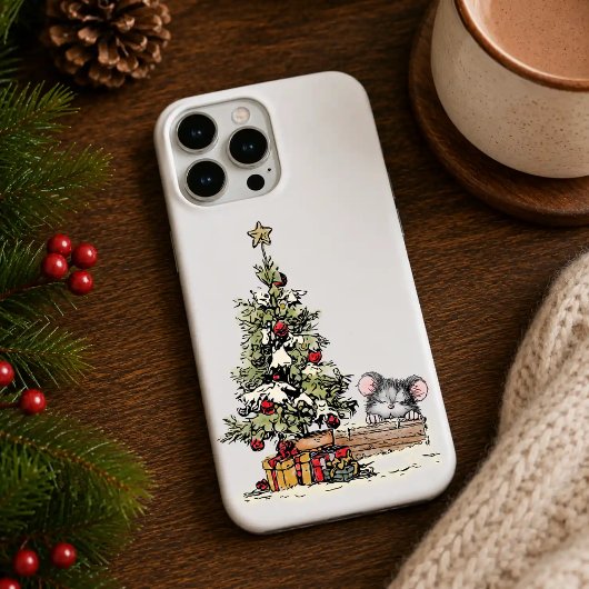 Coque iPhone 16 Pro Souris de Noël sous l'arbre