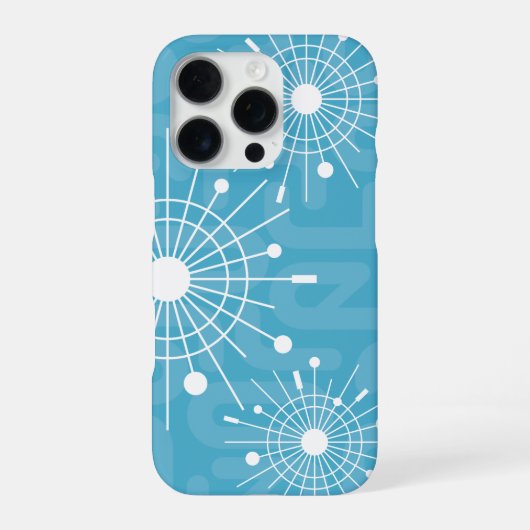 Coque iPhone 16 Pro Sputnik atomique moderne Snowflake Noël Aqua (Verso)