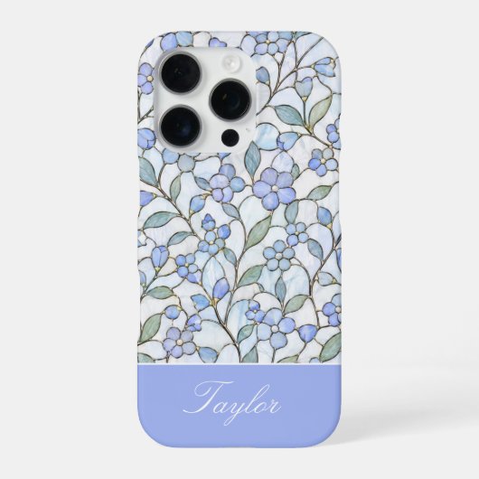 Coque iPhone 16 Pro Style de vitrail Nom personnalisé floral bleu (Verso)