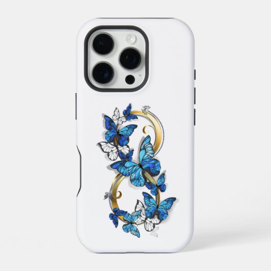 Coque iPhone 16 Pro Symbole infini de papillons Morpho bleus (Verso)