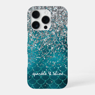 Coque iPhone 16 Pro Teal Silver Sparkle Mermaid personalized
