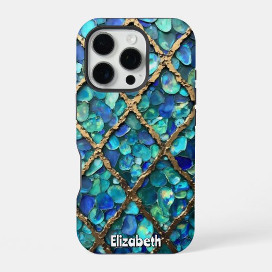 Coque iPhone 16 Pro Texture de grille Aqua et Or (Verso)