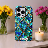 Coque iPhone 16 Pro Texture de grille Aqua et Or