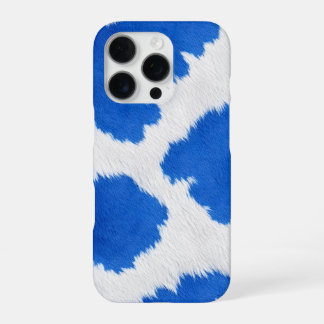 Coque iPhone 16 Pro texture de peau de vache bleue et blanche