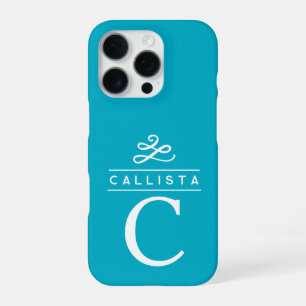 Coque iPhone 16 Pro Turquoise Monogramme Personnalisé Élégant Minimali