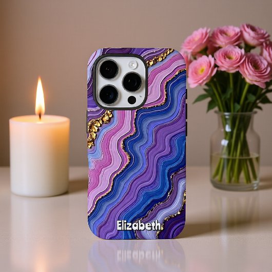 Coque iPhone 16 Pro Vagues d'agate violette avec or