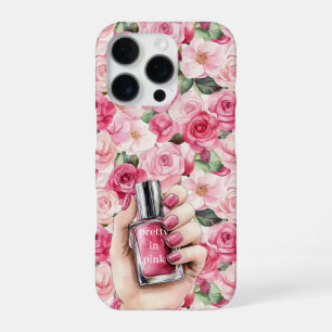 Coque iPhone 16 Pro Vernis à Ongles pour Mains Fleur de Roses Rose