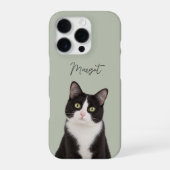 Coque iPhone 16 Pro Vert sauge Moderne Photo de chat et nom de l'anima (Verso)