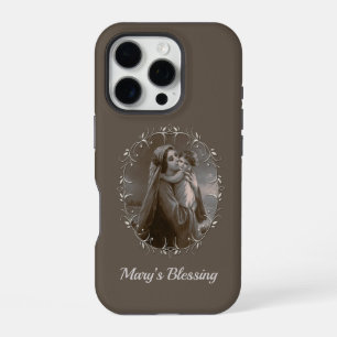 Coque iPhone 16 Pro Vierge vintage et enfant avec cadre argenté