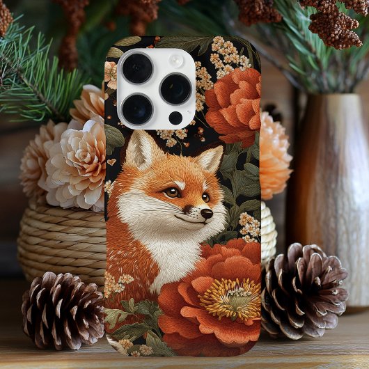 Coque iPhone 16 Pro Visage brodé adorable Fox & Flowers