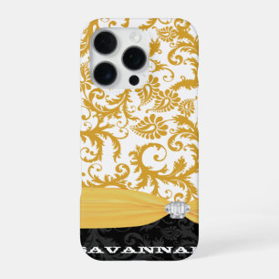Coque iPhone 16 Pro Yellow Personnalisé Faux Rhinestone Damask iPhone