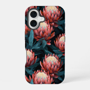 Coque iPhone 16 Protea Floral Audacieux Corail Foncé Imprimé Résis
