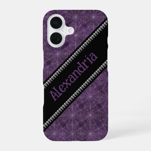 Coque iPhone 16 Purple Spiderweb Motif Personnalisé Nom & Crânes (Verso)