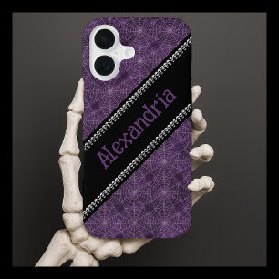 Coque iPhone 16 Purple Spiderweb Motif Personnalisé Nom & Crânes