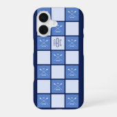 Coque iPhone 16 Rameurs monogramme rames croisées bleu (Verso)