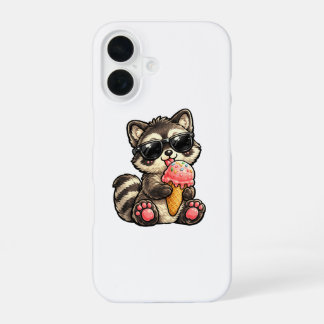 Coque iPhone 16 Raton laveur mignon avec glace et lunettes de sole