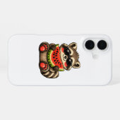 Coque iPhone 16 Raton laveur mignon avec pastèque (Verso Horizontal)