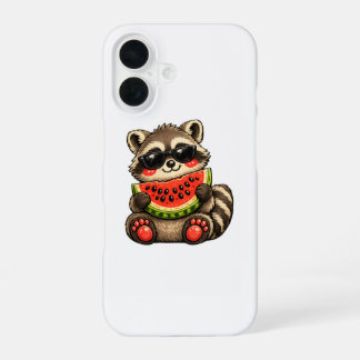 Coque iPhone 16 Raton laveur mignon avec pastèque