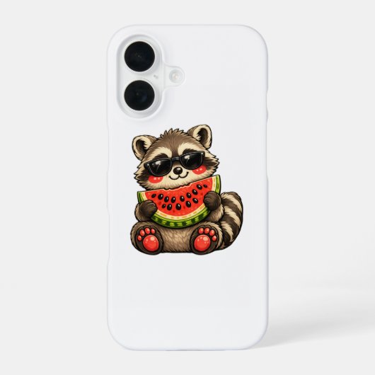 Coque iPhone 16 Raton laveur mignon avec pastèque (Verso)