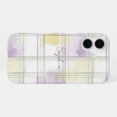 Coque iPhone 16 Rayures à carreaux violet jaune blanc (Verso Horizontal)