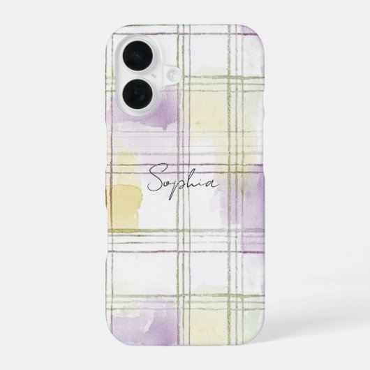 Coque iPhone 16 Rayures à carreaux violet jaune blanc (Verso)