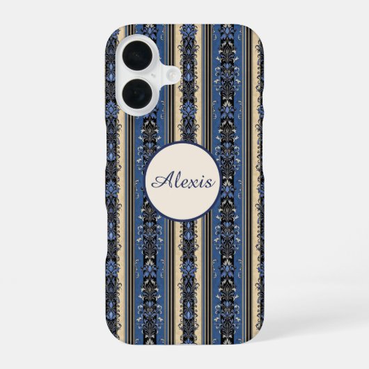 Coque iPhone 16 Rayures en damas bleu et or (Verso)