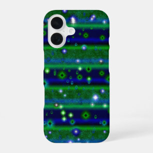 Coque iPhone 16 Rayures Vert Bleu avec Étoiles et Gouttes de Pluie