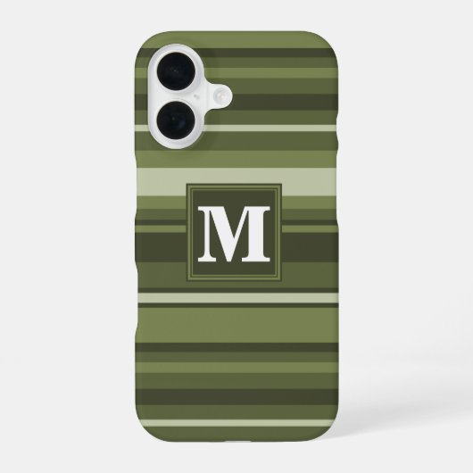 Coque iPhone 16 Rayures vert olive Monogramme (Verso)