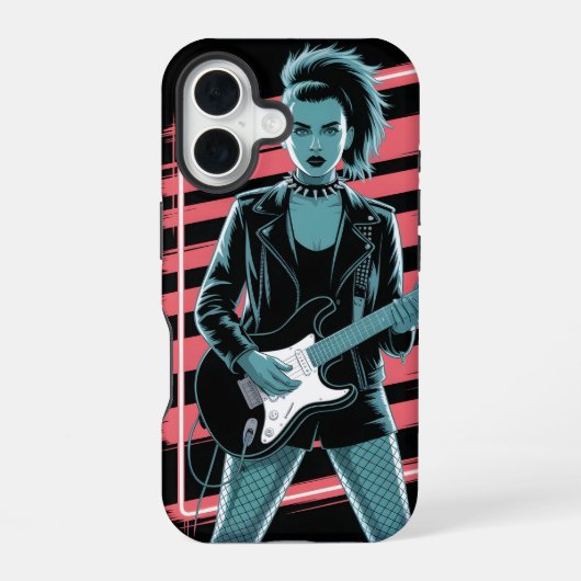 Coque iPhone 16 Rebellious Rock Star: Female Guitarist in Leather (Verso)