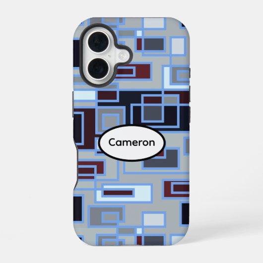 Coque iPhone 16 Rectangles rétro bleus et gris (Verso)