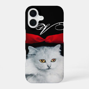 COQUE iPhone 16 REINE DES CHATS BLANCS AVEC MONOGRAMME RUBAN ROUGE