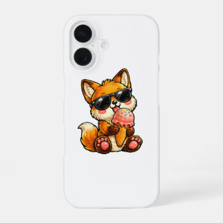 Coque iPhone 16 Renard Mignon Mangeant une Glace avec des Lunettes