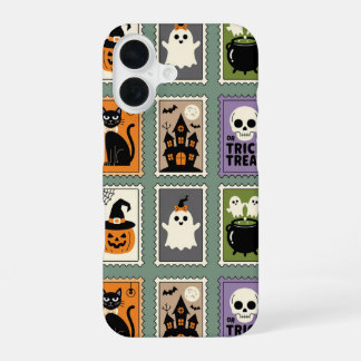 Coque iPhone 16 Retro Halloween Postage Stamp Pattern – Cute Ghost