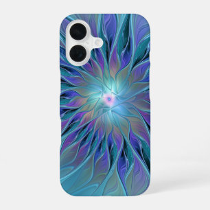 Coque iPhone 16 Rêve de Fleur Violette Bleue Art Fractal Abstrait
