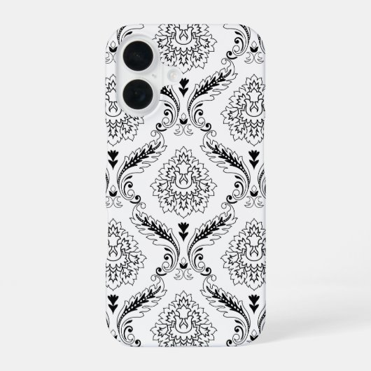 Coque iPhone 16 Rococo Damask Line Pattern Black on White (Verso)