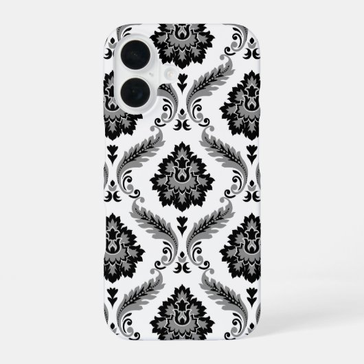 Coque iPhone 16 Rococo Damask Pattern Grey Black White (Verso)