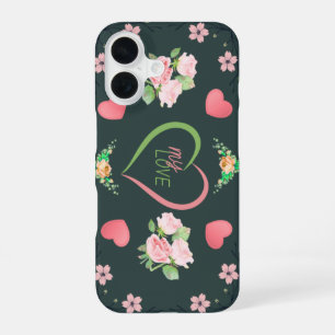 Coque iPhone 16 Romantic Pink Roses and Hearts My Love Phone Case
