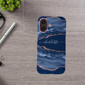 Coque iPhone 16 Rose bleu or agate marbre nom script