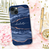 Coque iPhone 16 Rose bleu or agate marbre nom script