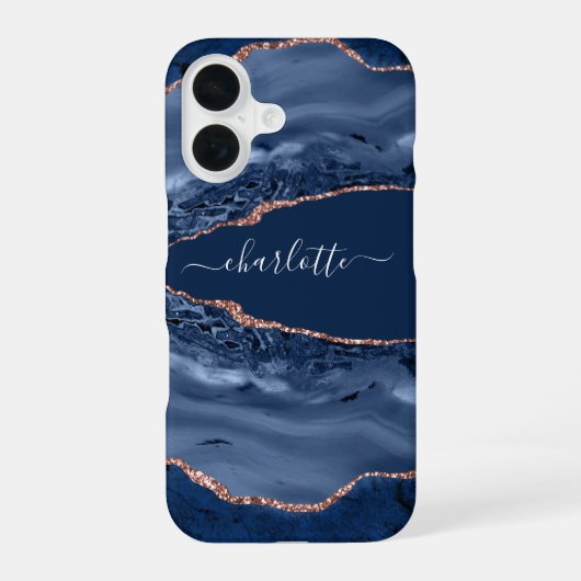 Coque iPhone 16 Rose bleu or agate marbre nom script (Verso)