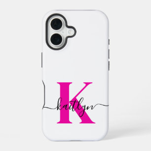 Coque iPhone 16 Rose Chaud Noir Nom Initial Monogrammé